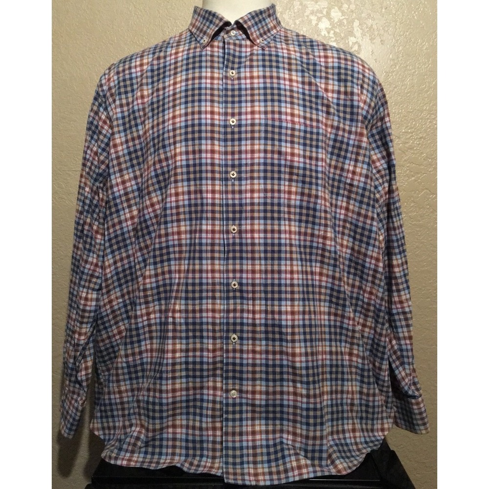 Peter Millar Men's Size 2XL 100% Cotton Blue Plaid Long Sleeve Casual Shirt XXL
